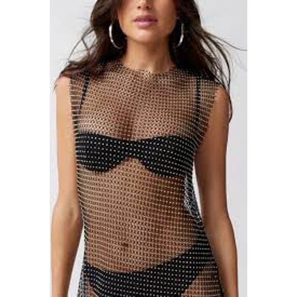 DIAMANTE Stretchy Dress Black Net Mesh Sheer Bodycon Club SEXY Size S / M - Picture 1 of 4